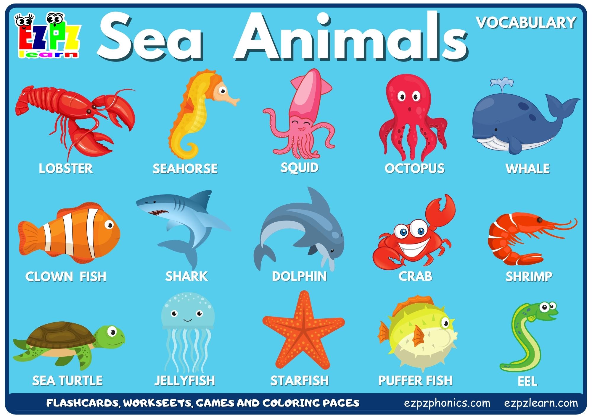 Sea Animals Vocabulary Picture Dictionary Join Now for Free Flashcards, Worksheets and Coloring Pages
